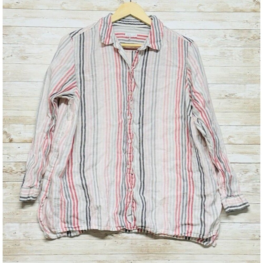 J Jill Love Linen Essential Shirt Womens XL 1X Button Front Striped Long Sleeve